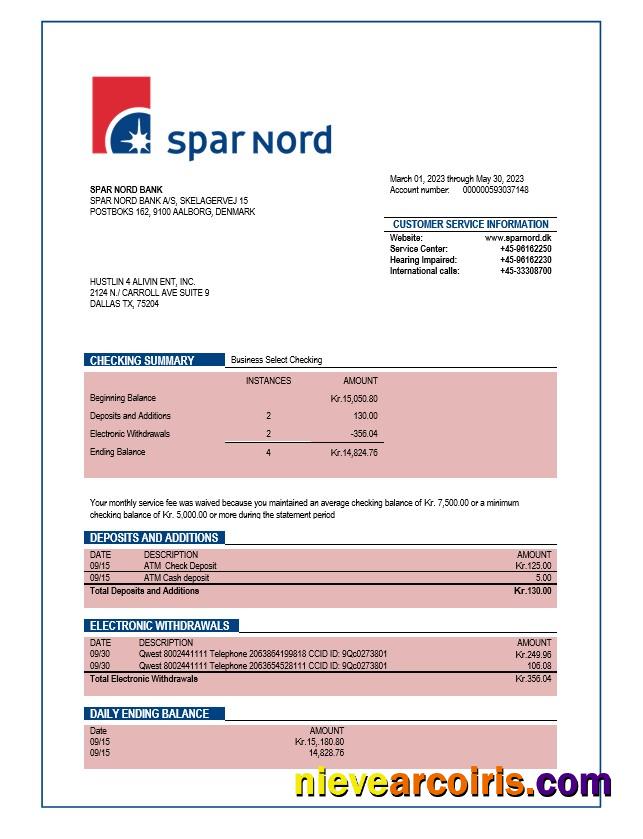 Spar Nord Bank company checking account statement